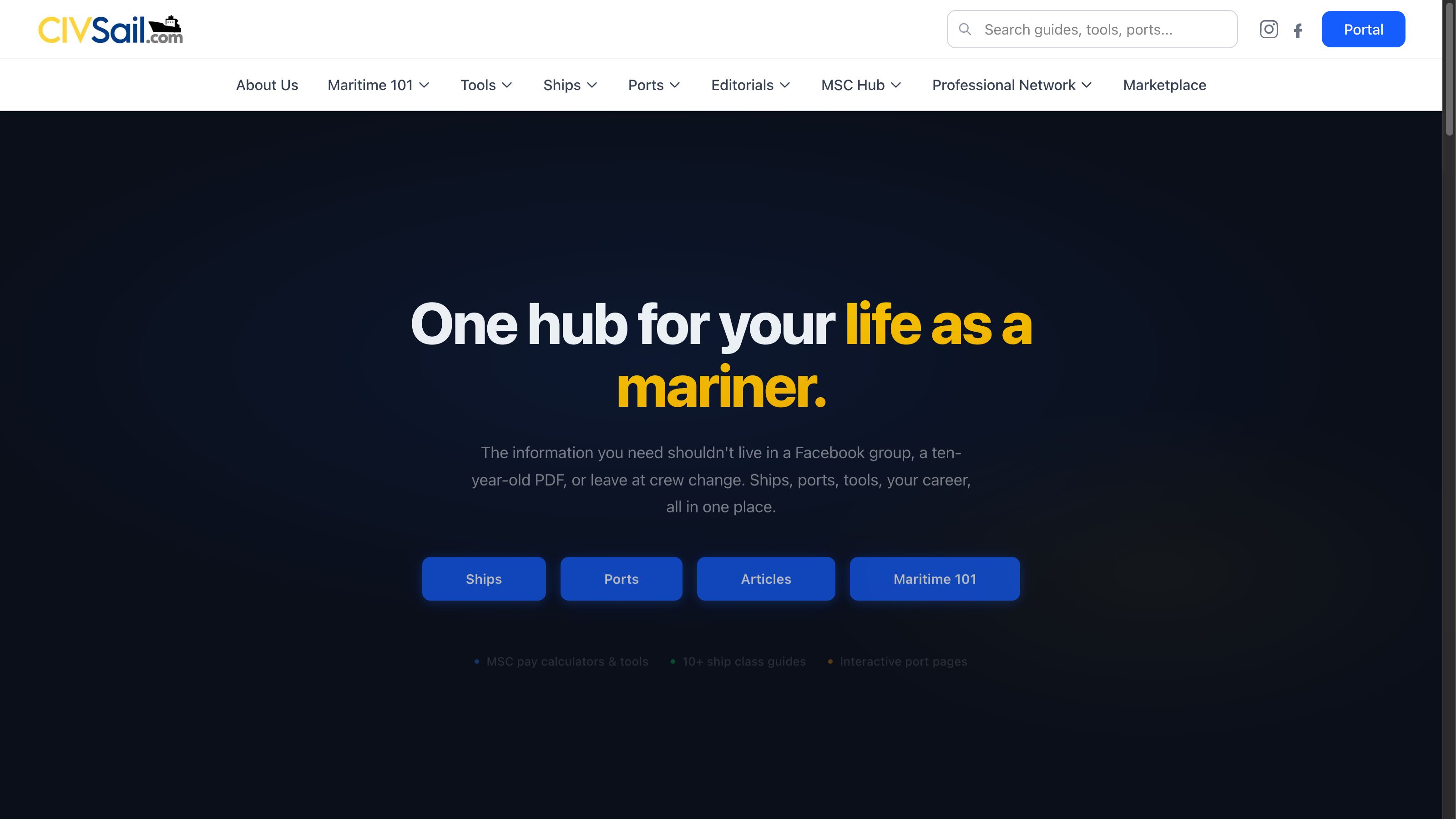 CivSail landing page showing the "One hub for your life as a mariner" hero section